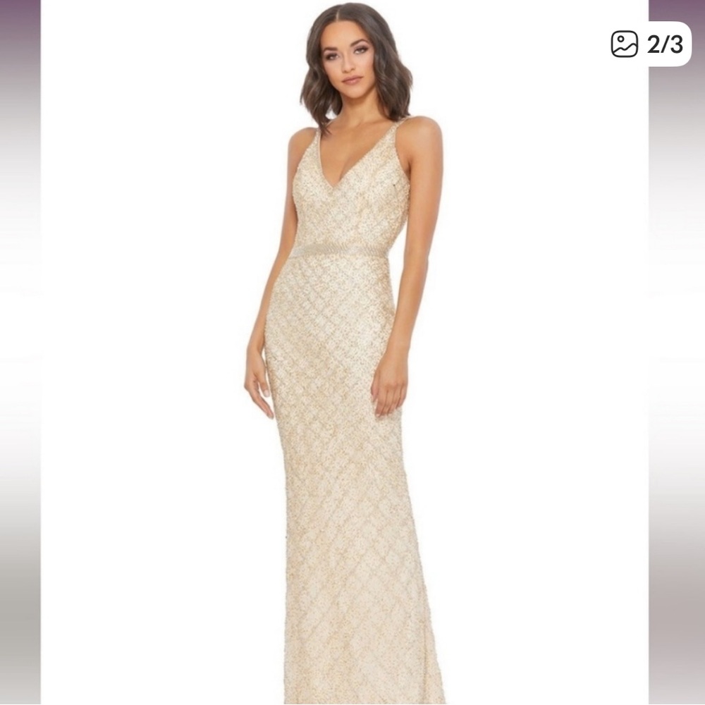 Mac Duggal Gold Beaded V-Neck Gown
